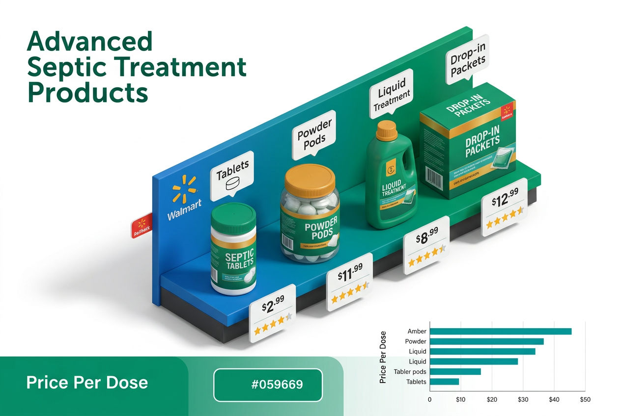 Isometric Walmart store shelf display showing septic treatment products with price tags, format icons, and rating badges side by side.