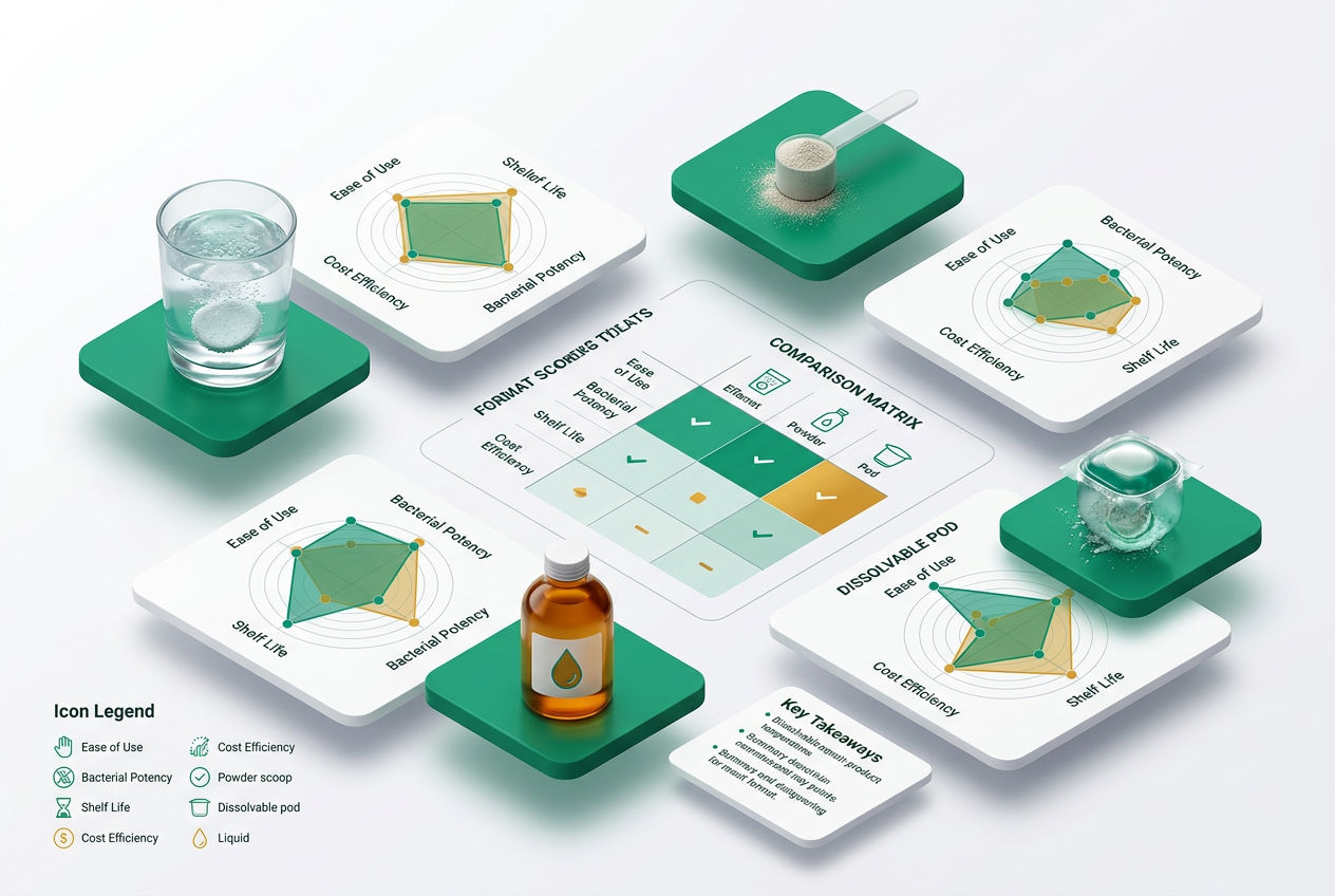 Isometric grid comparing septic treatment formats—tablets, powder, liquid, pods—across ease-of-use, potency, shelf life, and cost metrics.