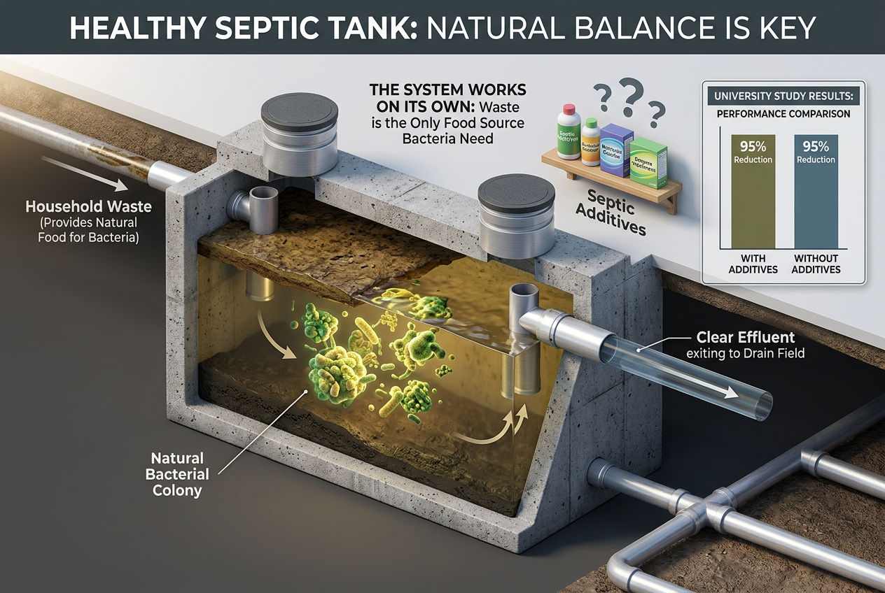 3D healthy septic tank operating perfectly without additives with unused product bottles and university study results