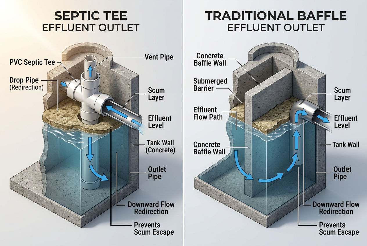 3D side-by-side comparison of PVC sanitary tee versus traditional concrete baffle at septic tank outlet