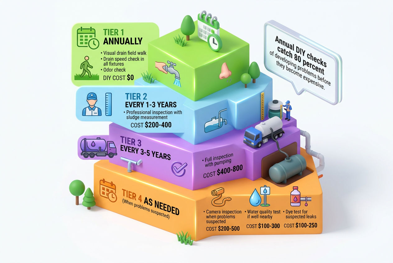 3D tiered schedule showing how often to test septic systems from annual DIY checks to professional inspections
