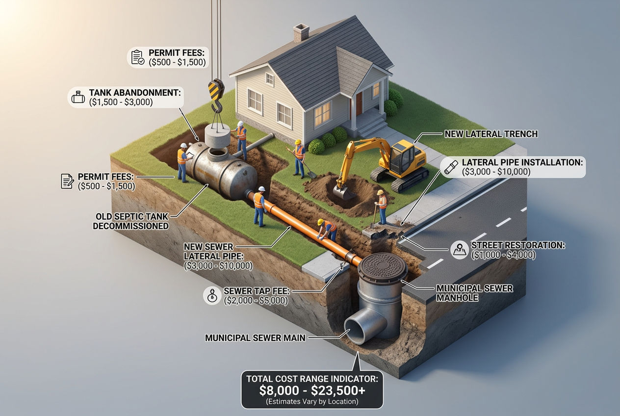 3D scene showing septic to sewer conversion with lateral trench, tap fee, tank abandonment, and cost components