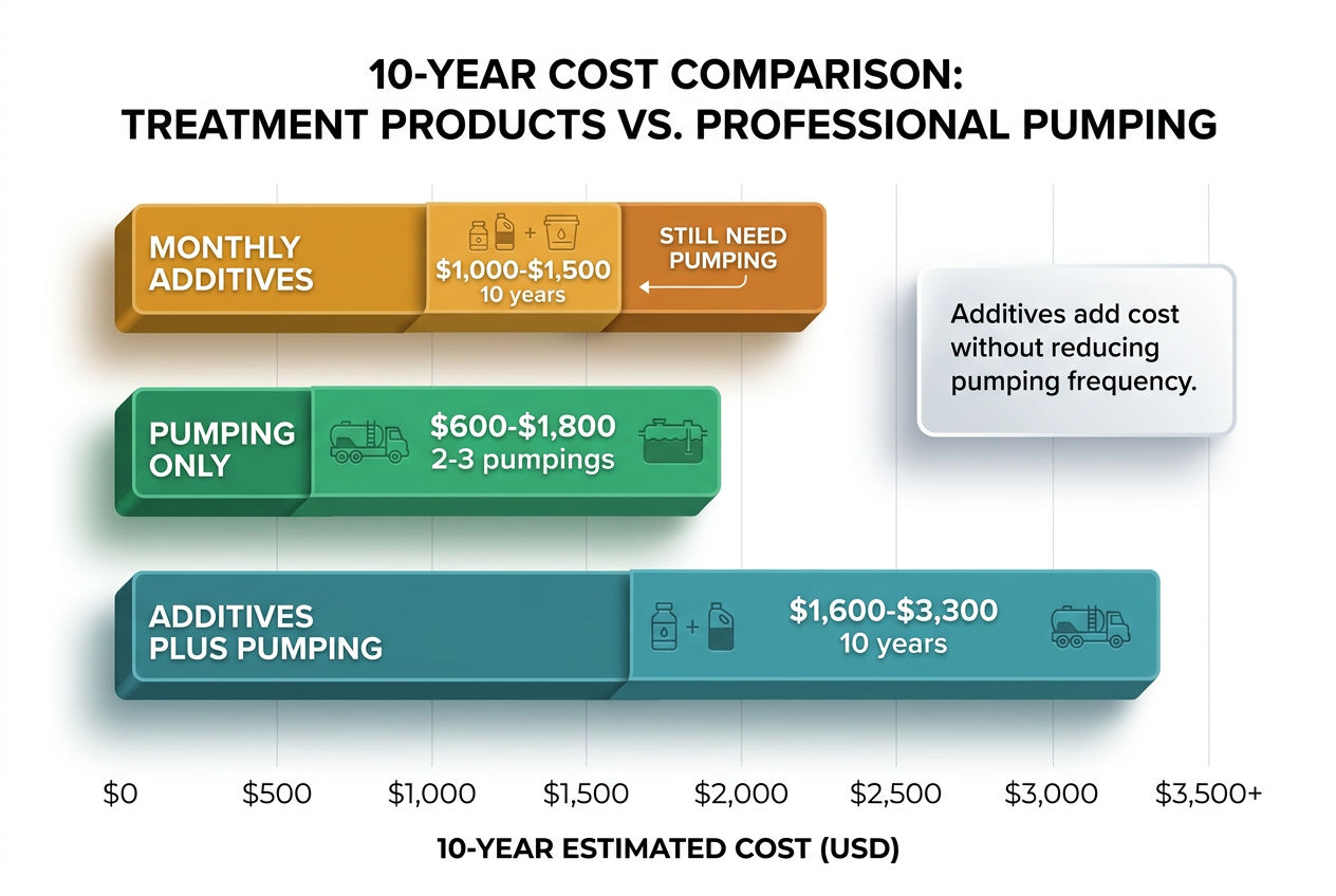 3D bar chart comparing 10-year costs of septic additives versus professional pumping