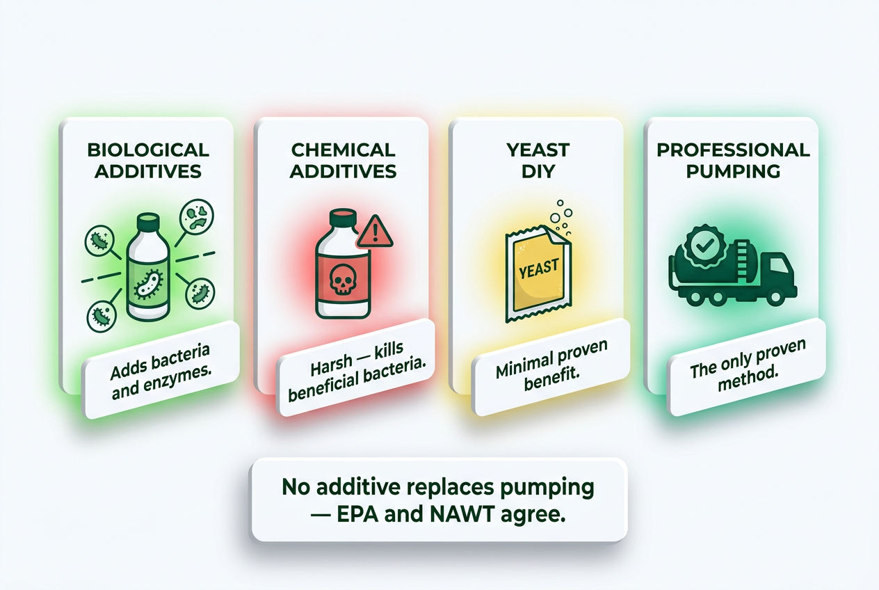 3D comparison of four septic tank treatment types: biological additives, chemical additives, DIY yeast, and professional pumping