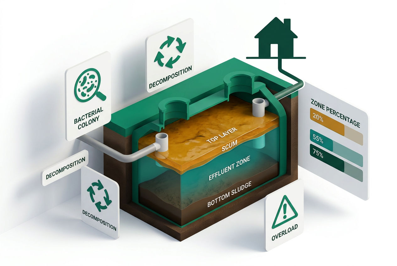 3D isometric cutaway of a septic tank showing sludge layer, effluent zone, and scum layer with bacterial activity icons.
