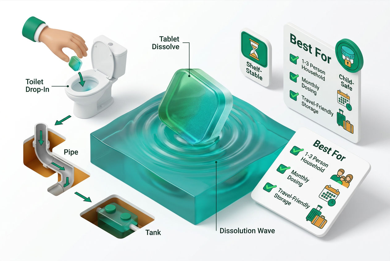 Isometric diagram of septic treatment tablets dissolving in tank, with ideal-user checklist cards for homeowners and small households.