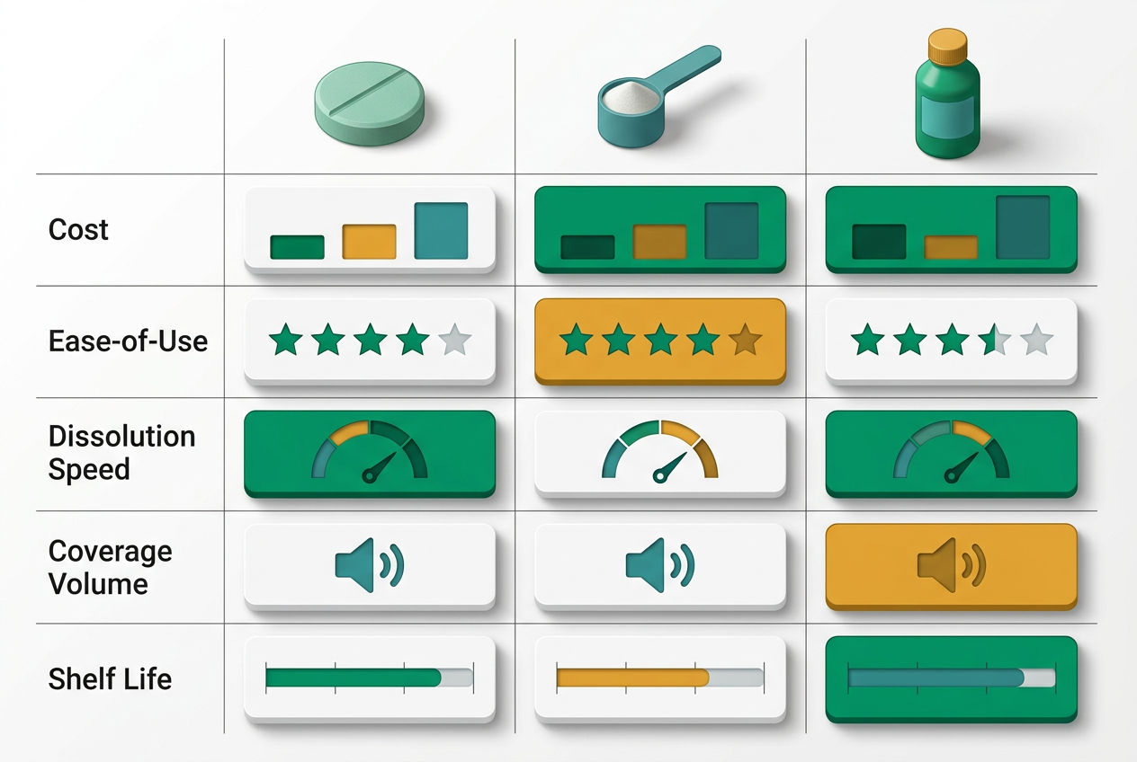 Head-to-head 3D comparison matrix of septic tablets, powder, and liquid across cost, ease, speed, and coverage metrics.