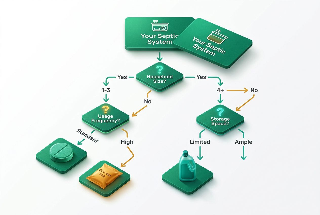 Isometric decision flowchart guiding users to tablets, powder, or liquid based on household size, usage, and storage preference.