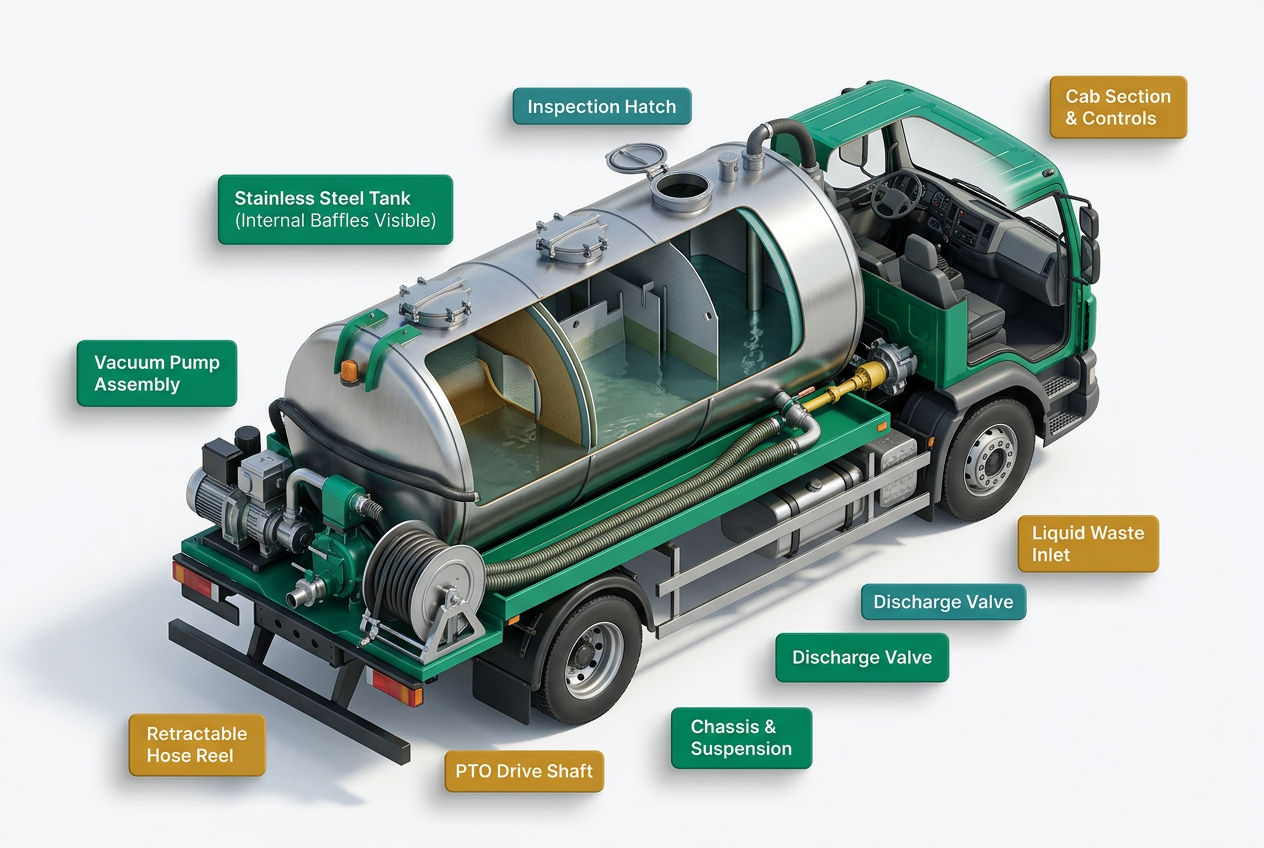 3D isometric cutaway of a septic truck showing vacuum tank, hose reel, pump unit, and cab with labeled components.