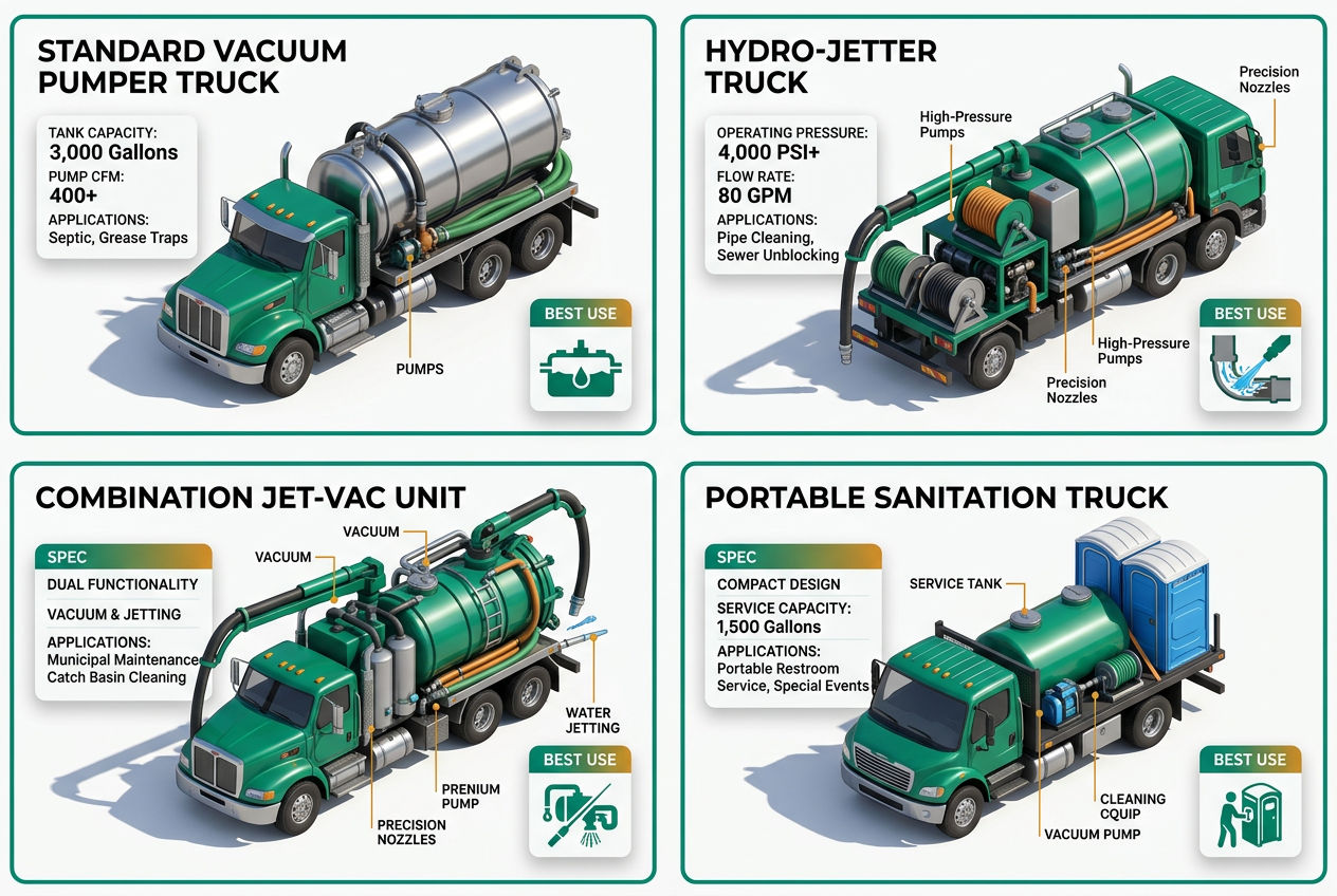 Isometric comparison grid showing four septic truck types: standard vacuum, hydro-jetter, combination unit, and portable restroom truck.
