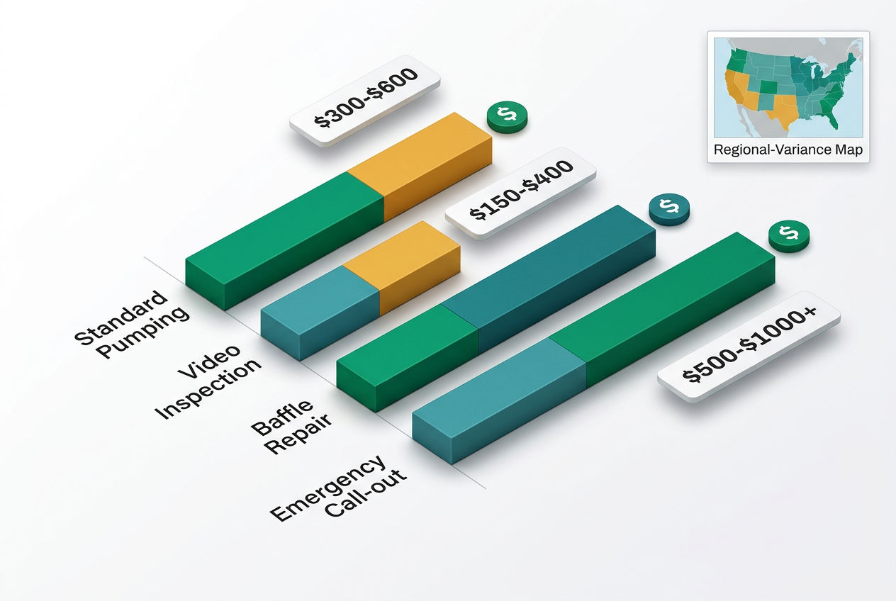 Isometric cost breakdown chart with horizontal bars and floating cards showing price ranges for pumping, inspection, and repair services.