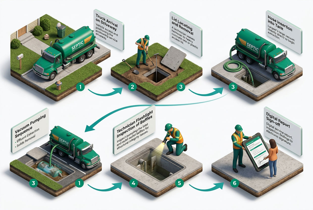 Isometric six-step flow diagram of a septic service call from truck arrival and lid removal to tank pumping, inspection, and paperwork.