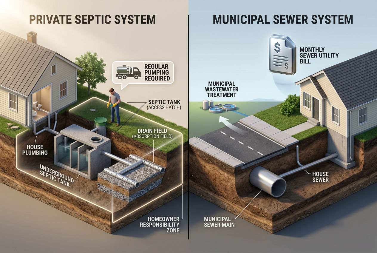 3D split scene comparing private septic system with drain field versus municipal sewer connection to treatment plant