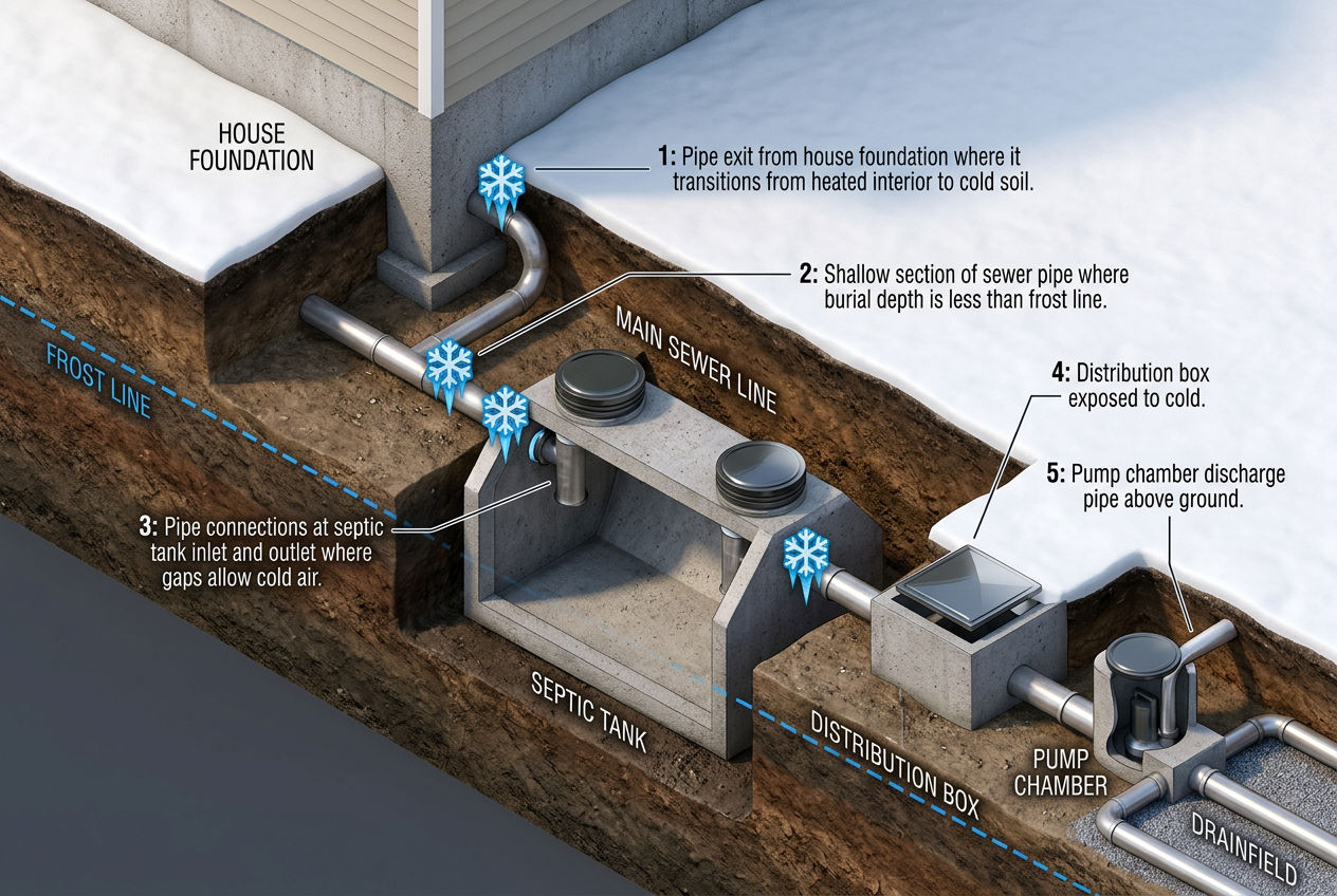 3D septic system layout showing five most vulnerable freeze points: house exit, shallow pipe, tank connections, d-box, pump pipe
