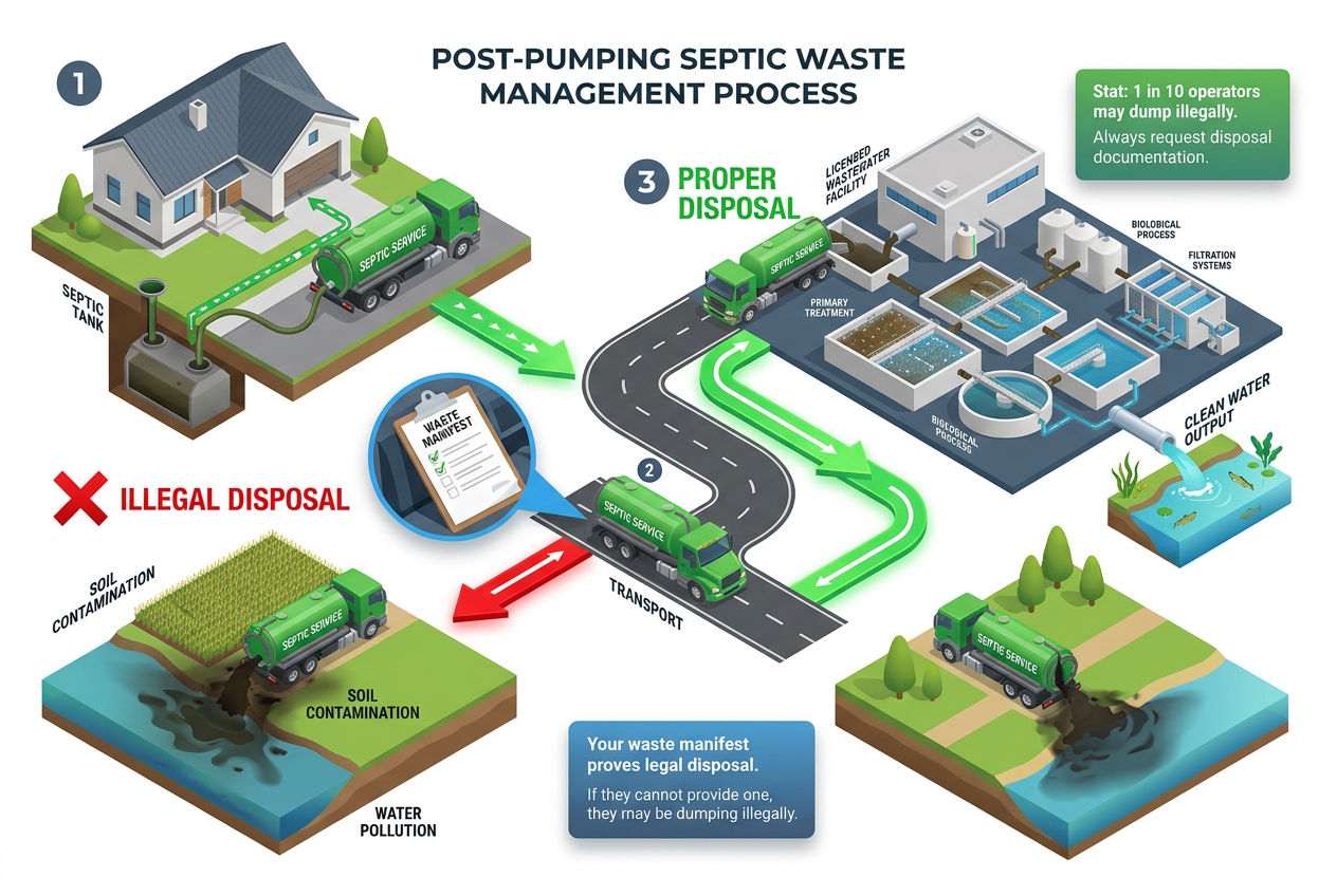 3D process diagram showing legal septic waste disposal at treatment plants versus illegal dumping
