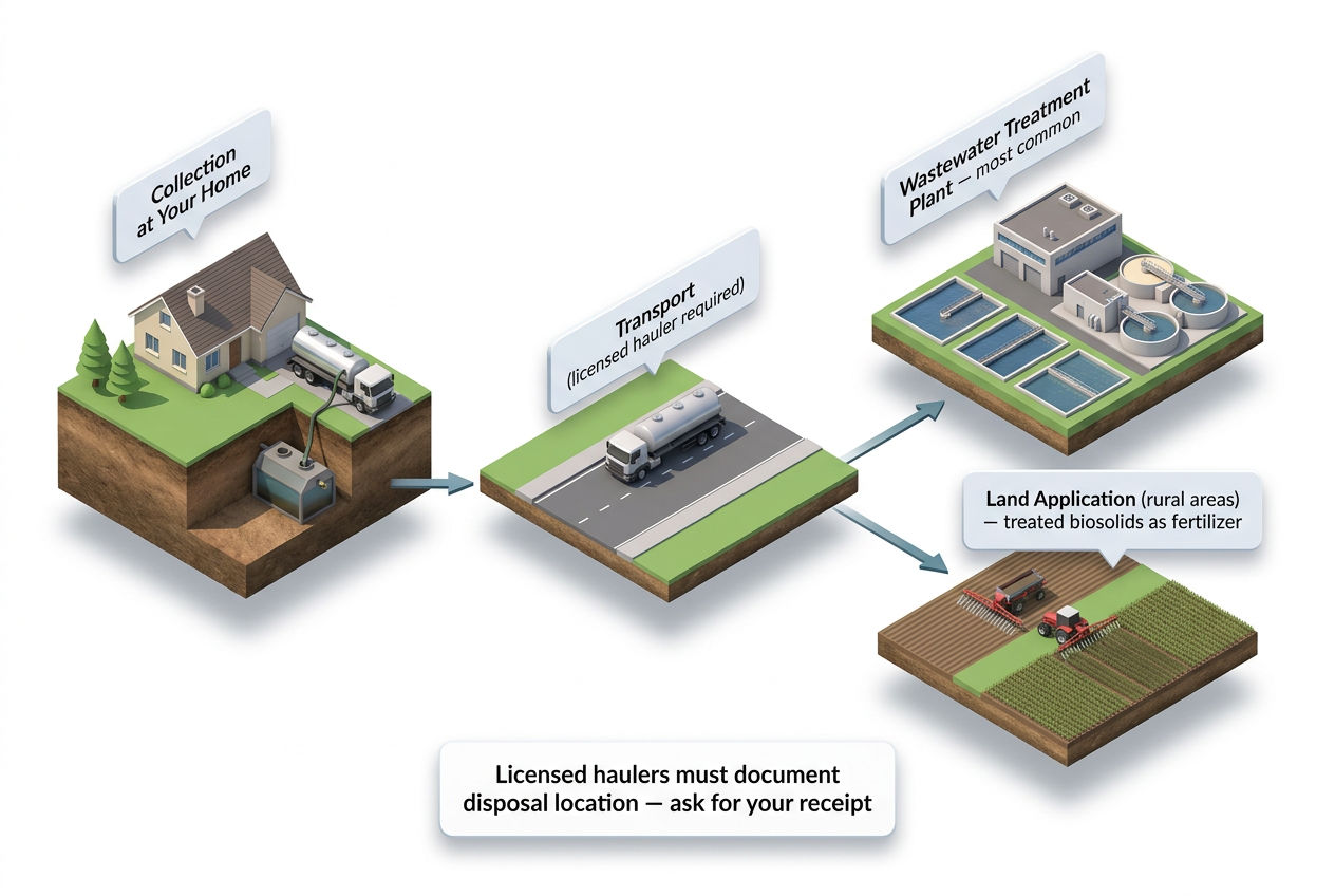 3D isometric process flow showing septic waste journey from home collection through transport to treatment plant or land application