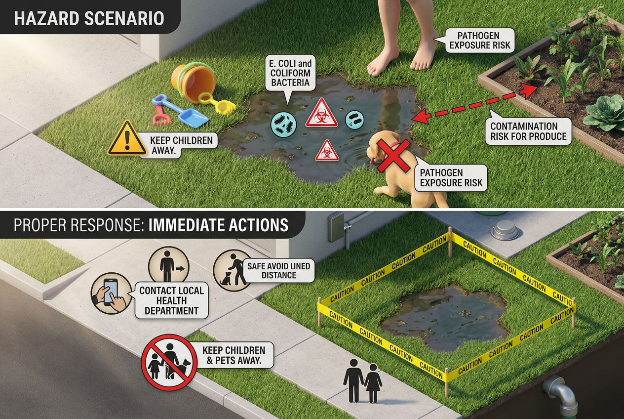 3D health hazard scene showing risks of septic wet spot: children, pets, garden contamination with pathogen warnings