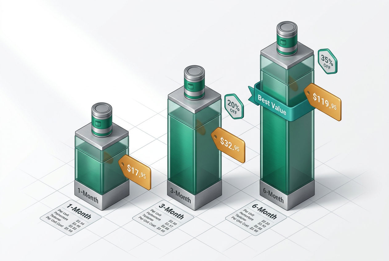 Isometric 3D bar chart showing SeptiFix pricing tiers for 1, 3, and 6 month supply packages with per-unit savings.