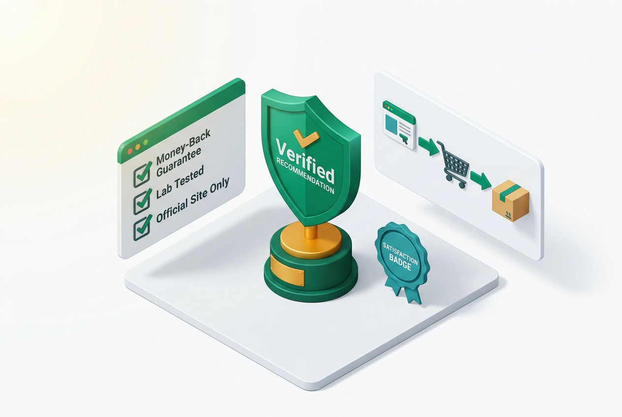 Isometric verdict dashboard with pros checklist, trust shield, and official purchase pathway CTA for SeptiFix recommendation.