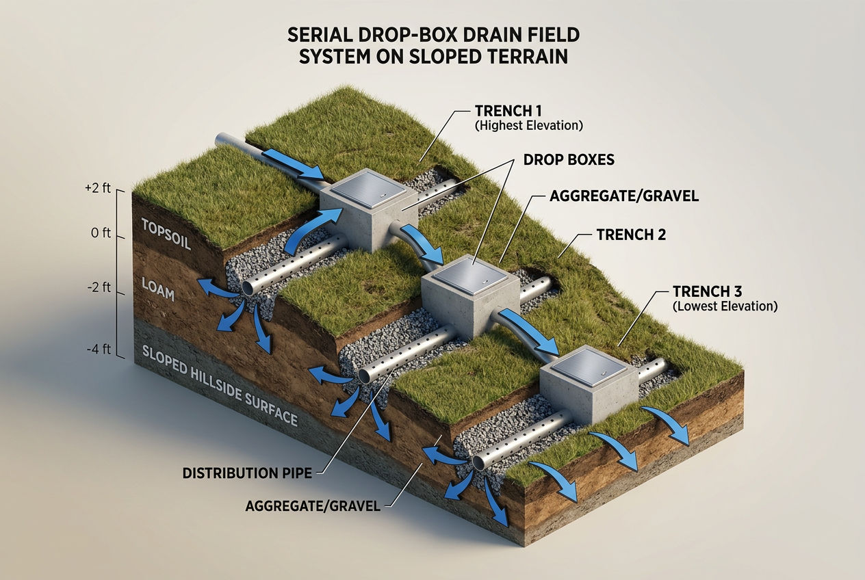 Serial drop-box drain field layout on sloped site showing three trenches stepping downhill with overflow connections