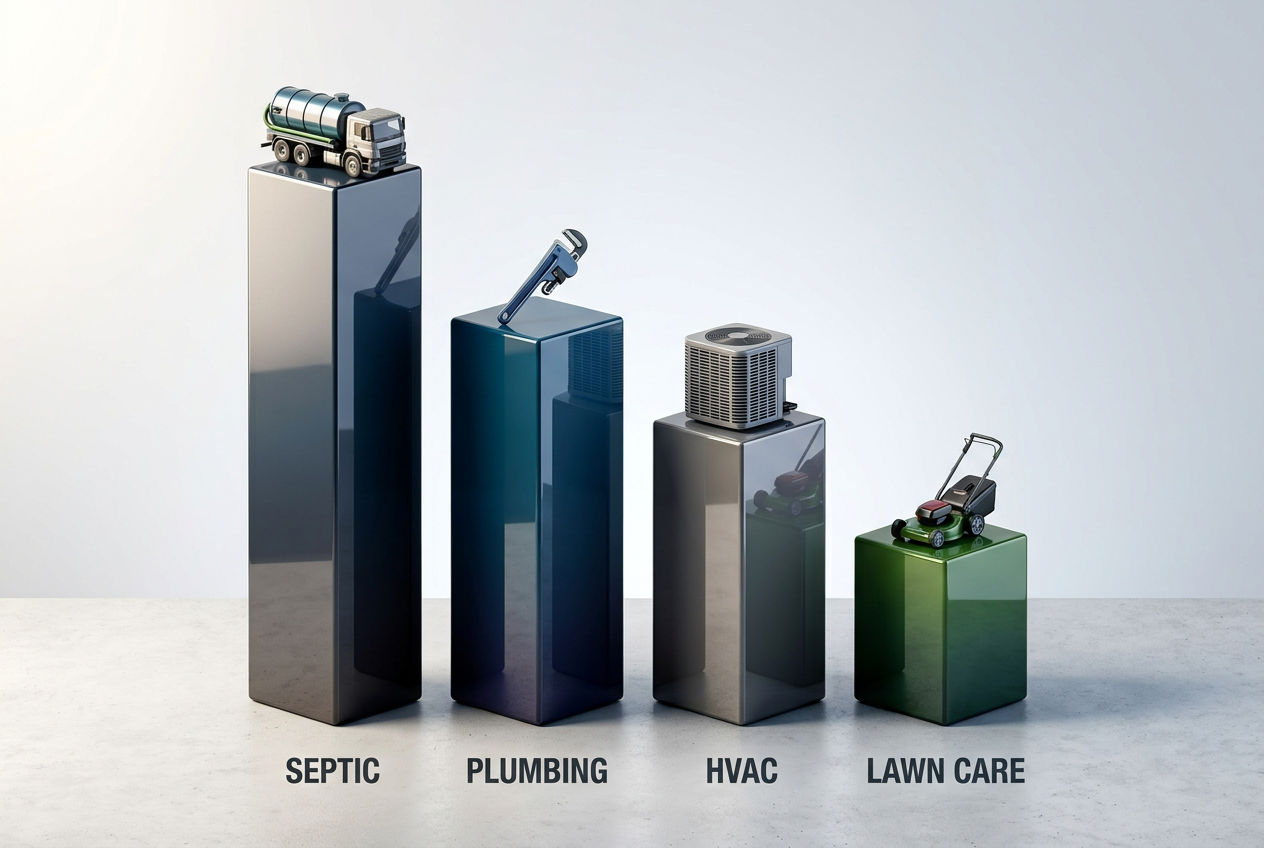 3D isometric bar chart comparing service-trade profitability with columns topped by septic truck, plumbing, HVAC and lawn-care icons, septic tallest