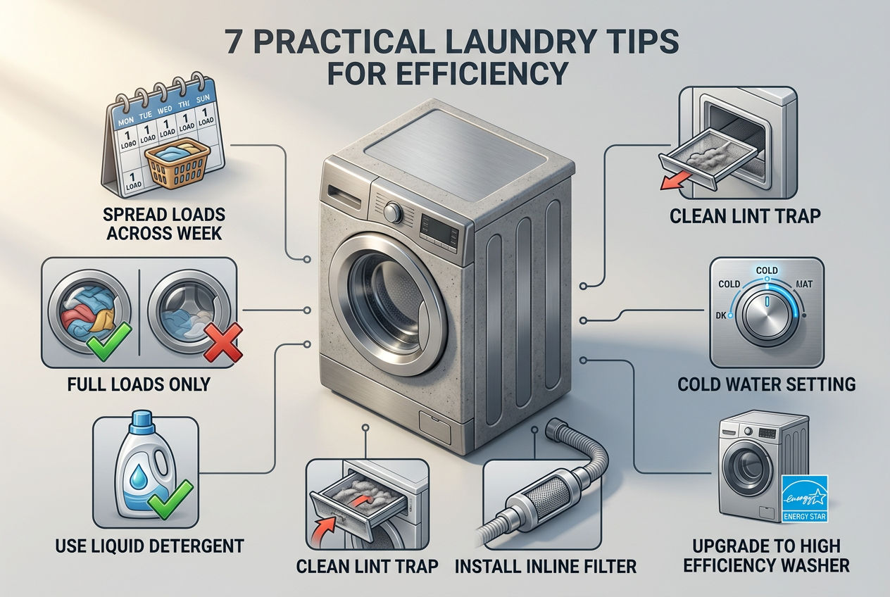 3D visual showing seven practical laundry tips for septic owners arranged around a central washing machine