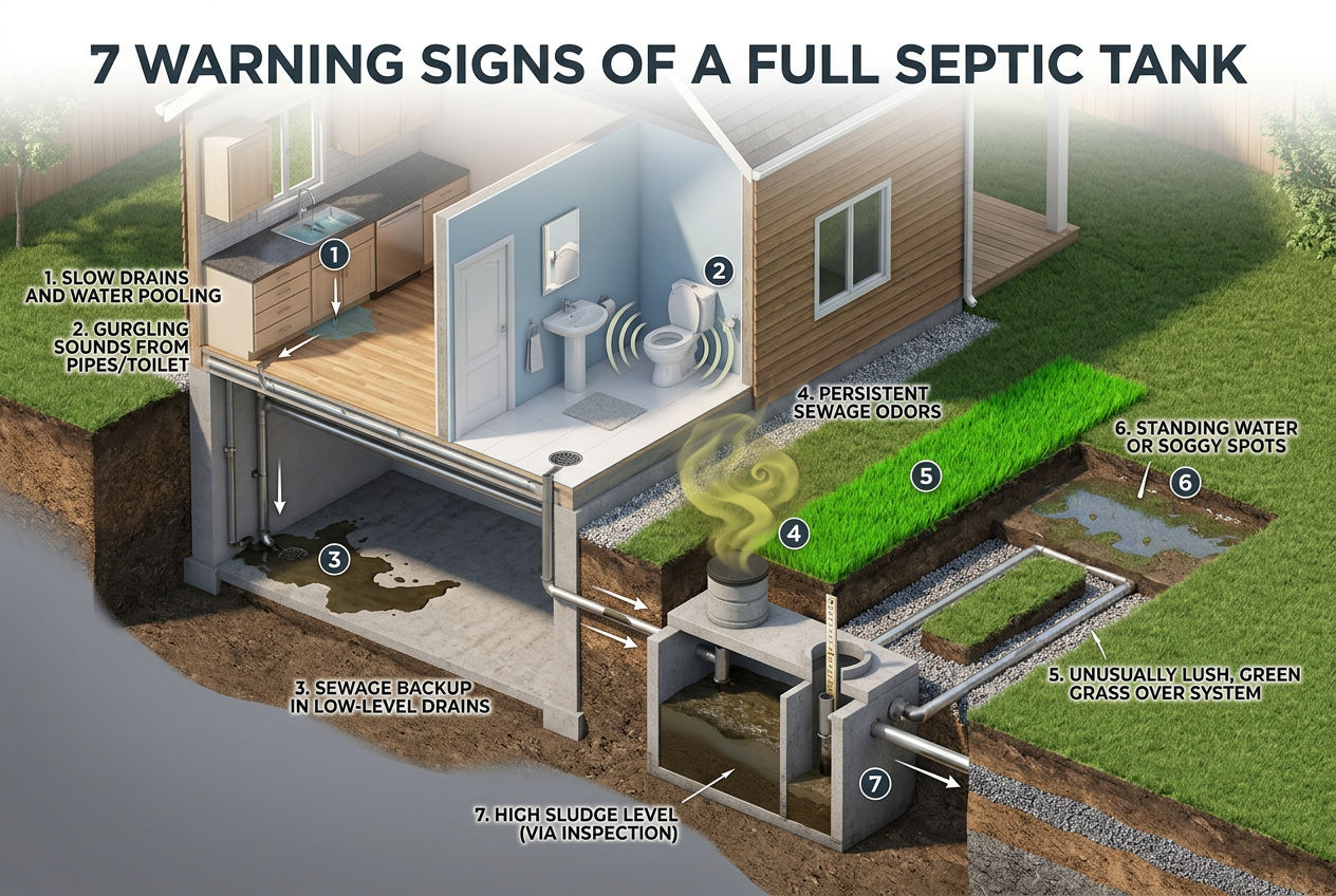 House cutaway showing seven warning signs of a full septic tank including slow drains gurgling odors and yard symptoms