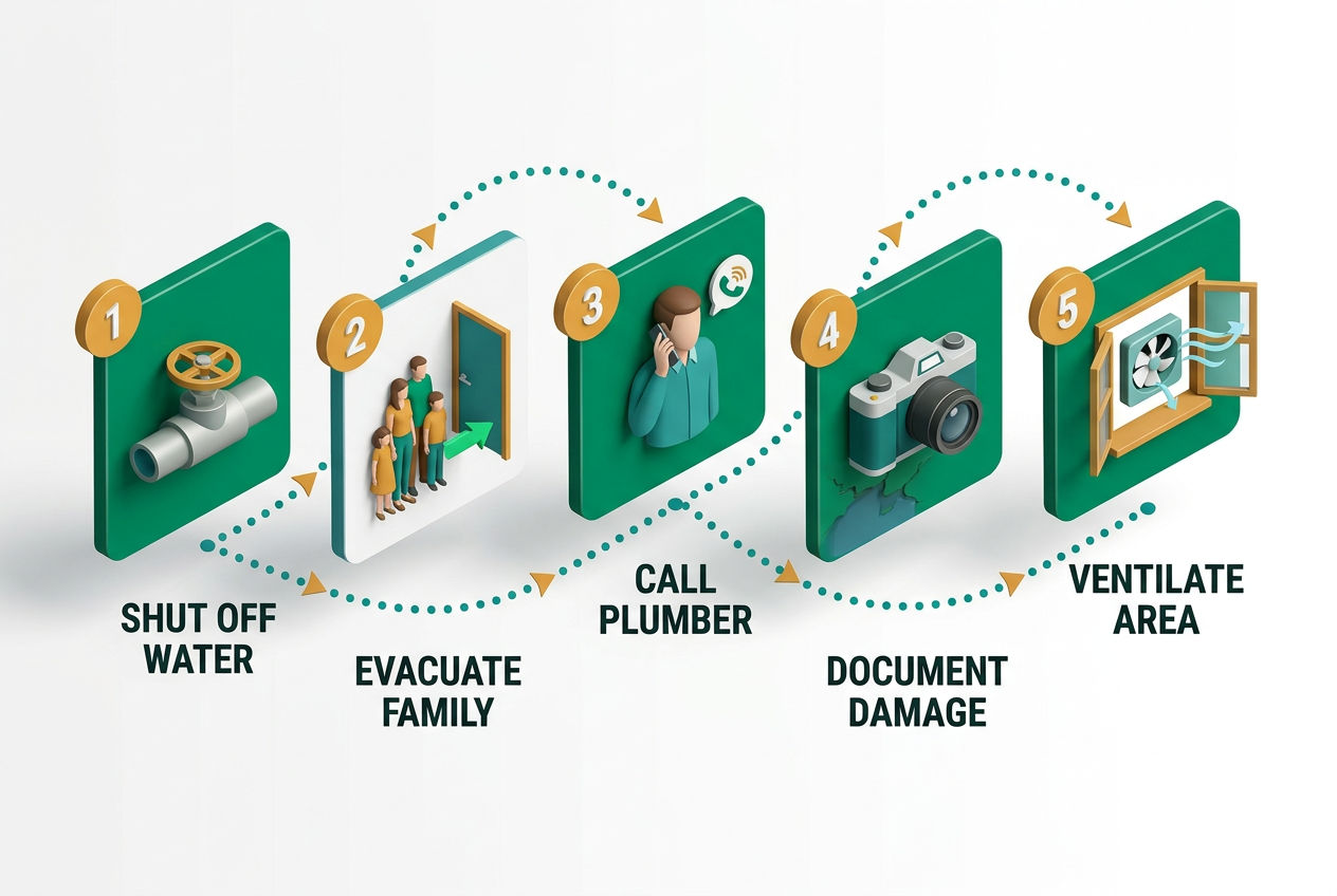 Isometric step-flow showing 5 immediate actions after sewage backup: shut off water, evacuate, call plumber, document, ventilate.