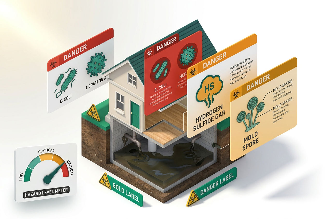 3D isometric hazard chart showing bacteria, viruses, and toxic gases from sewage backup with color-coded danger severity tiers.