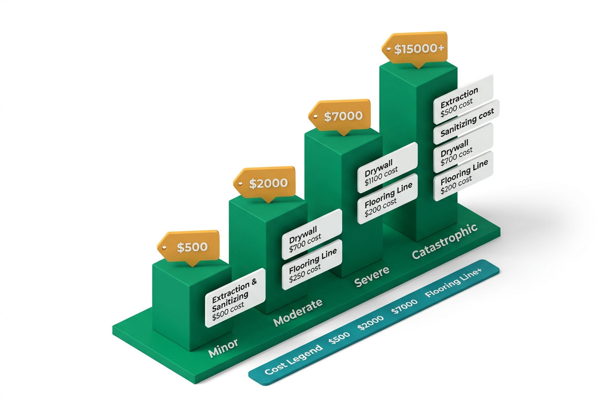 Isometric cost comparison bar chart showing sewage cleanup price ranges by damage severity with service line-item floating cards.
