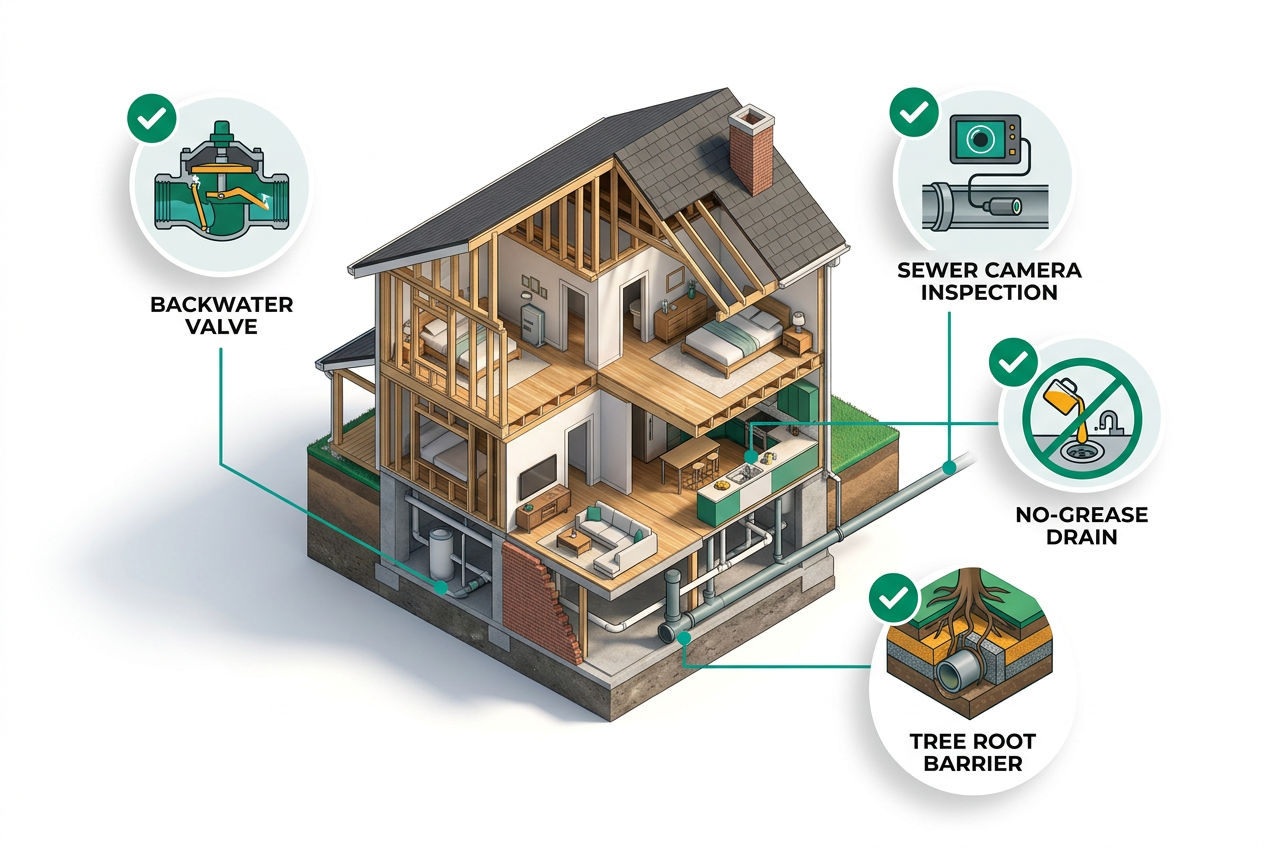 Isometric prevention diagram showing backwater valve, pipe inspection, grease disposal, and root barrier methods around a home cutaway.