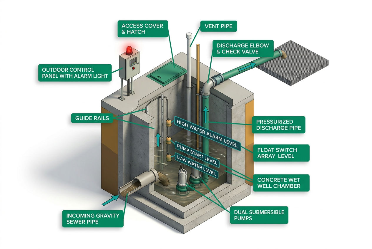 3D isometric cutaway of a lift station showing wet well, pumps, float switches, discharge pipe, and control panel with labeled parts.