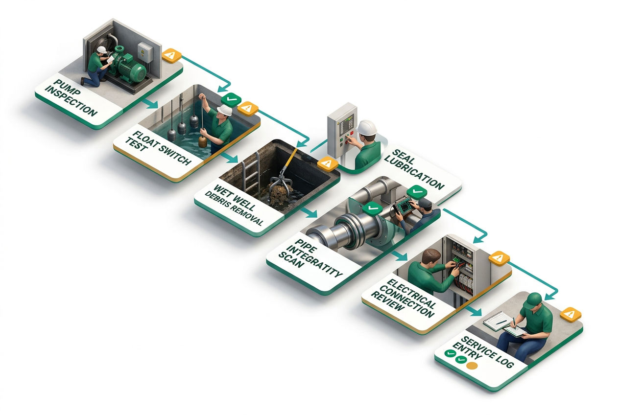 Isometric step-by-step maintenance checklist showing 8 tasks: inspect pumps, test floats, clear debris, check alarm, lubricate seals, log readings.