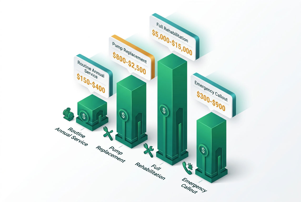Isometric bar chart comparing lift station maintenance costs: routine service, pump replacement, full rehabilitation, and emergency callout prices.