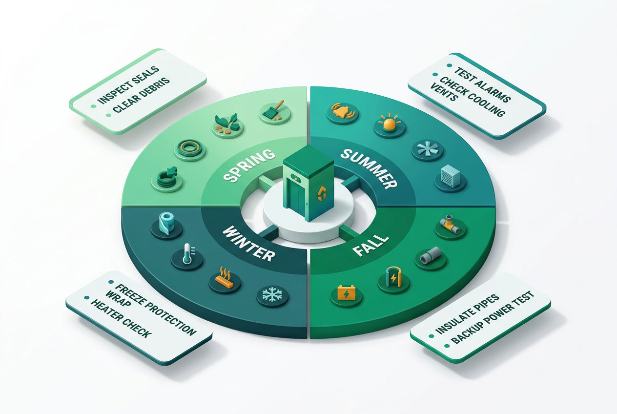 Isometric four-quadrant seasonal wheel showing spring, summer, fall, winter lift station maintenance tasks with icons for each quarter.