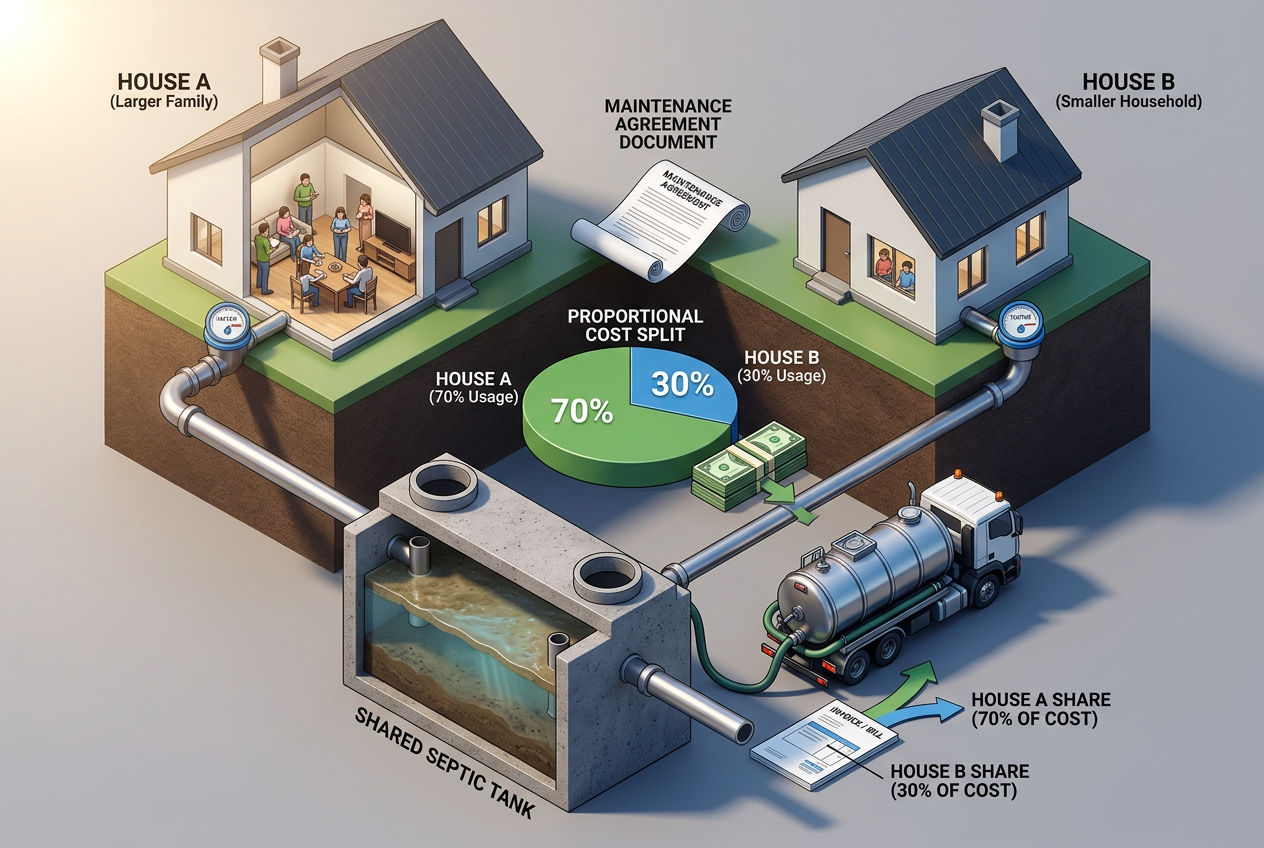 3D scene showing two houses sharing septic with proportional cost split based on household size and water usage