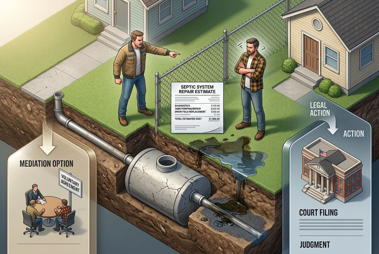 3D scene showing neighbor dispute over failing shared septic with mediation and legal action as resolution options