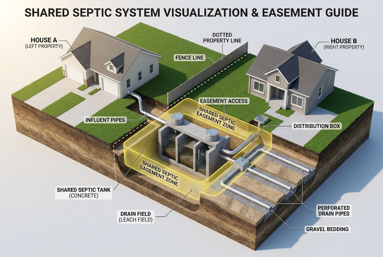 3D aerial view showing two neighboring houses connected to one shared septic tank and drain field with property line