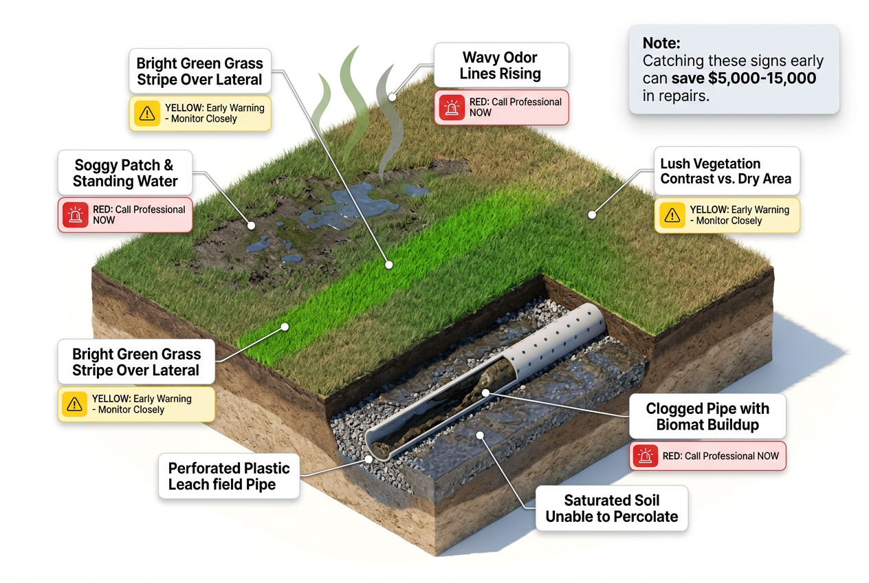 3D yard diorama showing visible signs of leach field failure including soggy patches, bright grass, and odors
