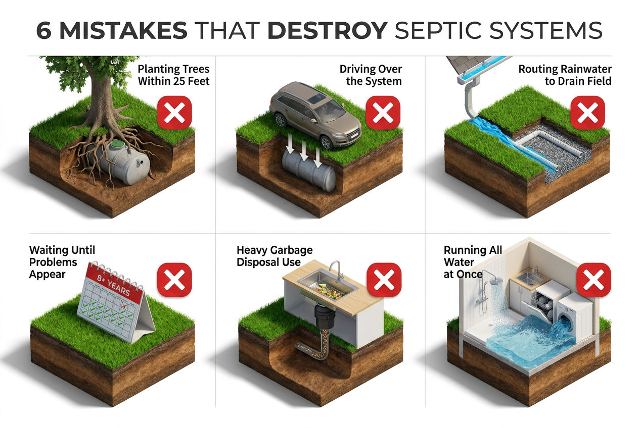 3D isometric six-panel guide showing common septic system maintenance mistakes including tree planting near tank and driving over system