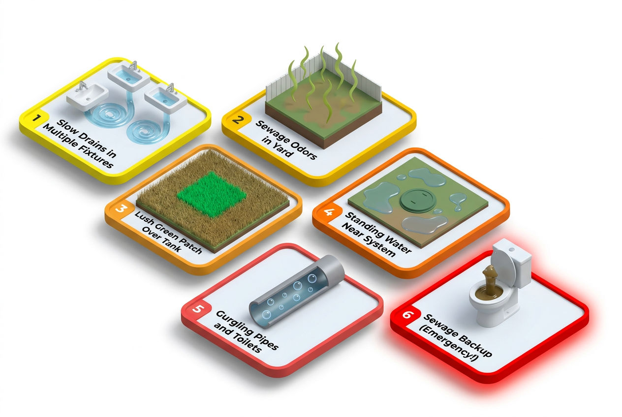 3D isometric six-panel visual guide showing warning signs that a septic tank needs immediate pumping from slow drains to sewage backup