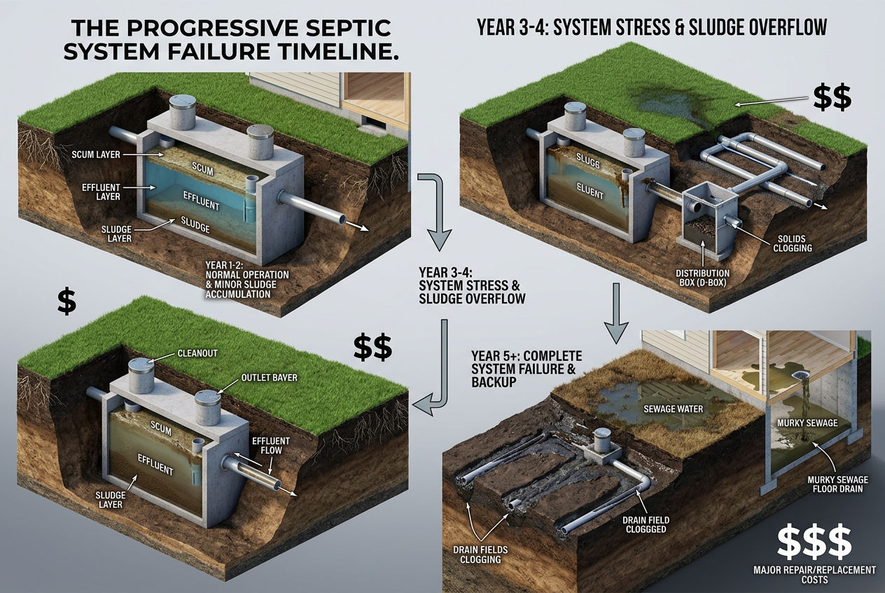 Progressive septic system failure timeline showing consequences of skipping pump outs from year 1 through year 5 plus
