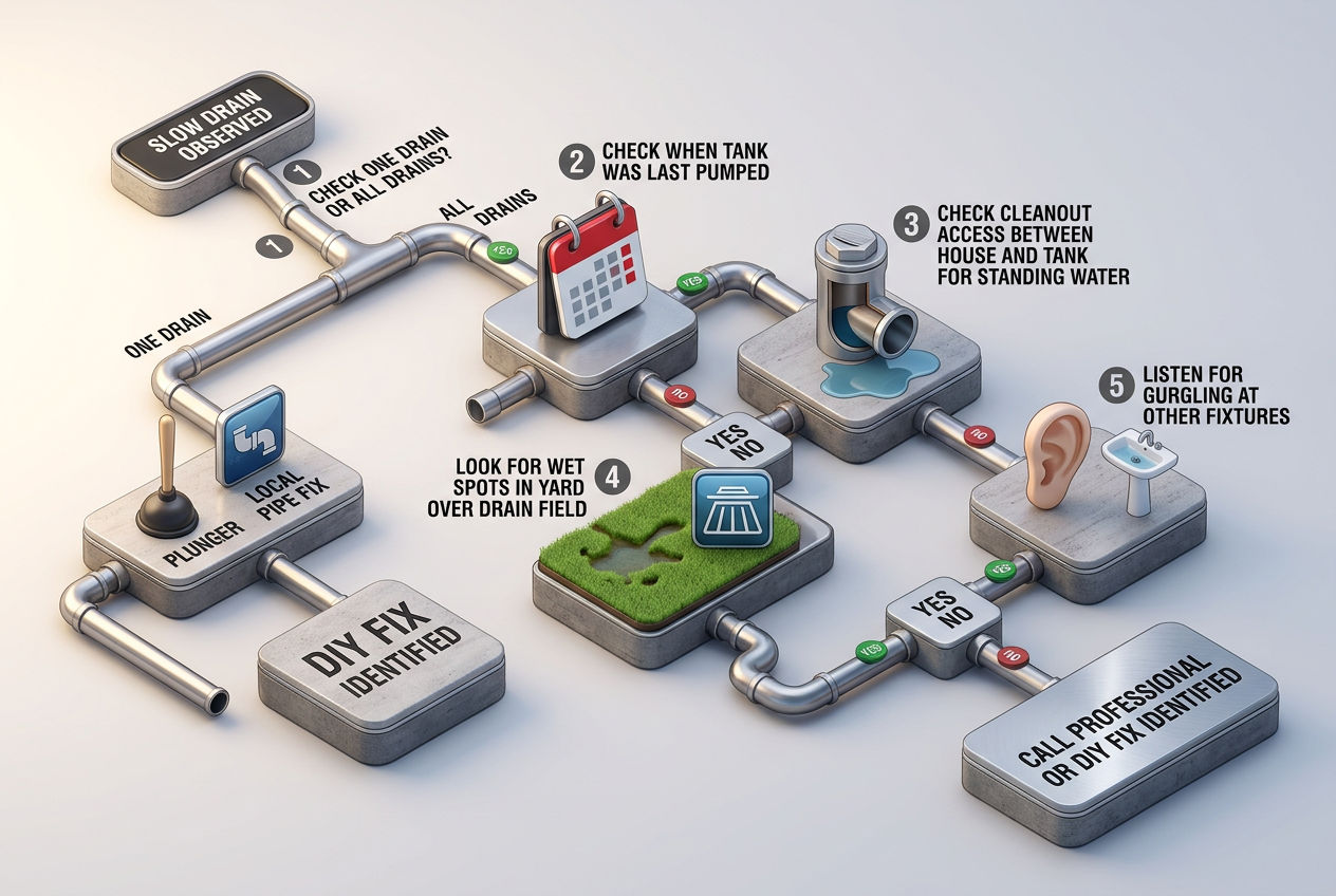 3D diagnostic flowchart path for slow drains from initial observation through five decision steps to professional or DIY fix