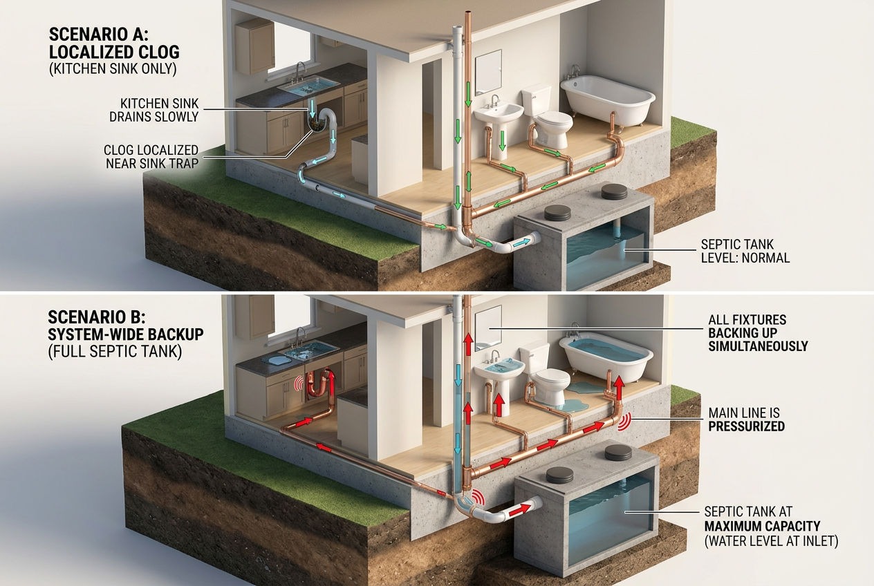 3D cutaway showing one slow drain from local clog versus all drains slow from full septic tank
