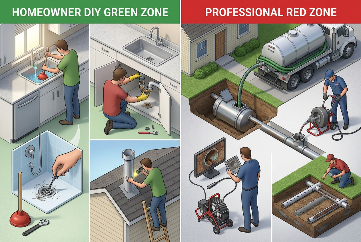 3D split scene showing DIY drain fixes on left versus professional septic repairs on right with appropriate tools for each
