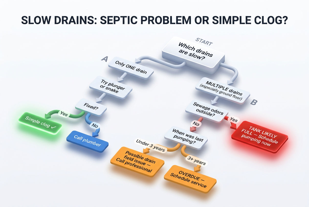 3D diagnostic flowchart helping homeowners determine if slow drains indicate a septic problem or simple clog