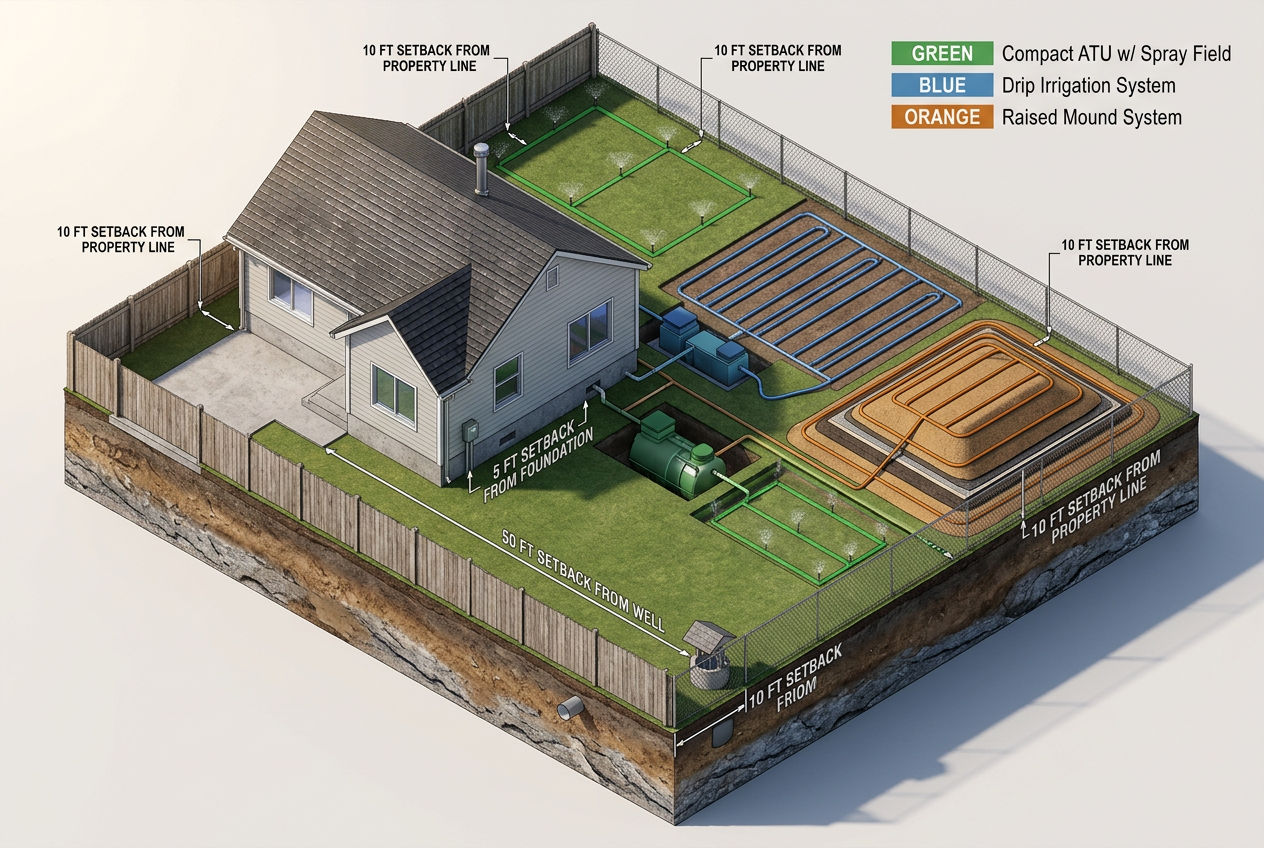 3D aerial view of a small lot showing three compact septic system options with setback distances marked