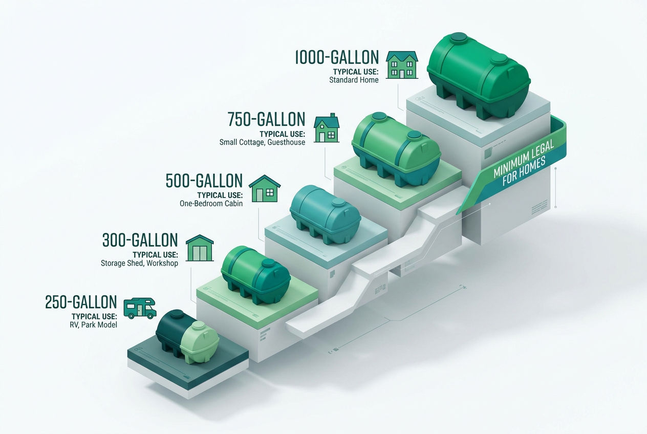 3D size ladder of small septic tanks from 250 to 1000 gallons with typical uses