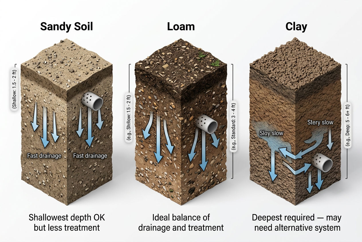 3D comparison of drain field depth requirements in sandy, loam, and clay soils