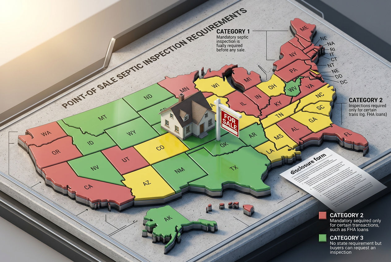 3D tilted US map showing states with mandatory, conditional, and no septic inspection requirements at point of sale
